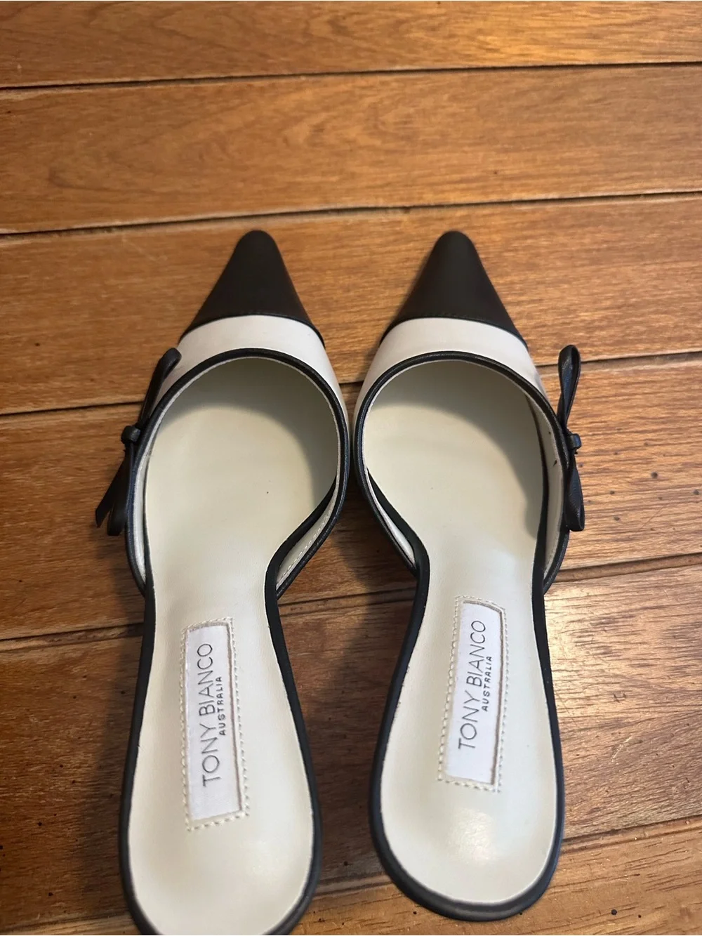 Tony Bianco Two-Tone Pointed Toe Mules in Black & Cream